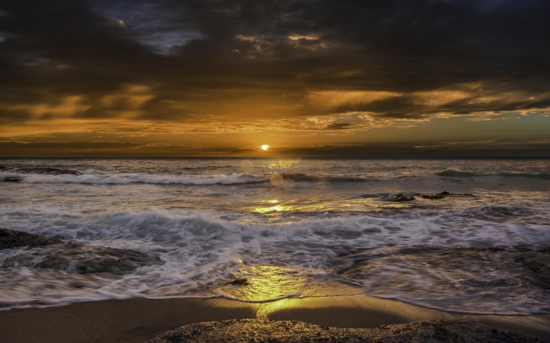 Waves, Beach, Sunrise, Sea, Clouds, 1080P