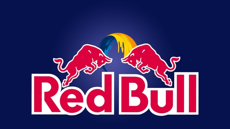 surprise, positive emotion, Red Bull, blue, celebration, text, communication, people, sky, business, 1080P, red, studio shot, excitement, indoors, blue background