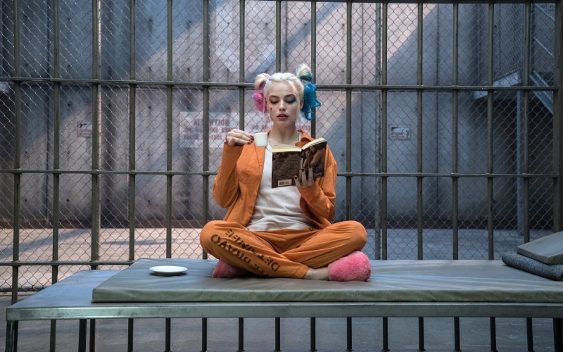Margot Robbie, prisoners, women, Harley Quinn, coffee, dyed hair, reading, prison, blonde, 1080P, red nails, actress, books, twintails, prisons, movies