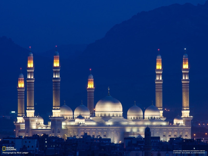 mosque, glowing, Islam, Yemen, National Geographic, building, cityscape, 720P, dusk