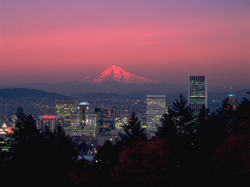 720P, city, Portland, Oregon, Mount Hood, mountains, cityscape, dusk