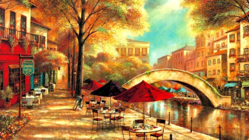 tree, canal, paint, evening, cityscape, riverwalk café, modern art, waterway, city, 1080P, art, artwork, painting, metropolis