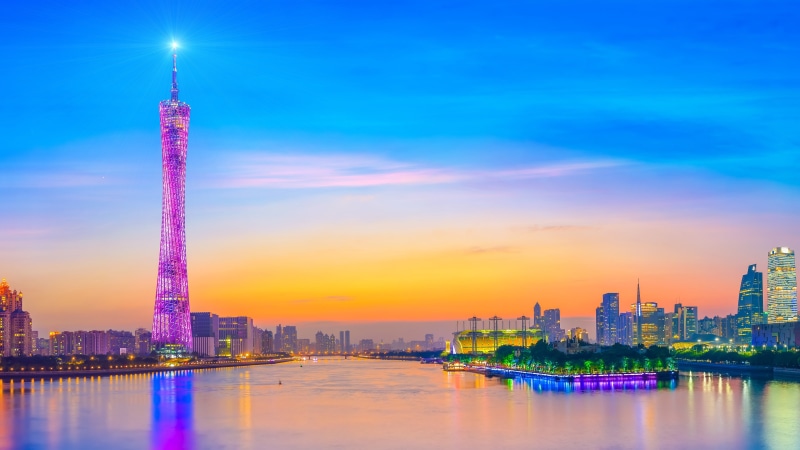 cityscape, guangzhou tower, guangzhou, china, metropolitan area, landmark, reflection, urban area, sky, canton tower, horizon, tower, metropolis, city