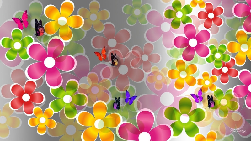colorful, nature and la, summer, collage, bright, 1080P, flowers, layers, colors, papillon, spring, butterflies, fleurs