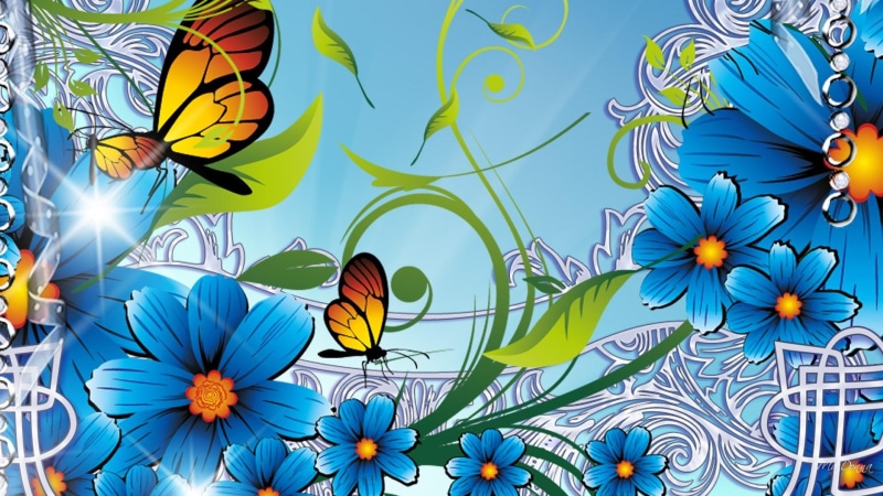 blue, spring, summers, yellow butterflies, silver, firefox persona, leaves, 3d and abstract, flowers, summer, blue flowers, 1080P