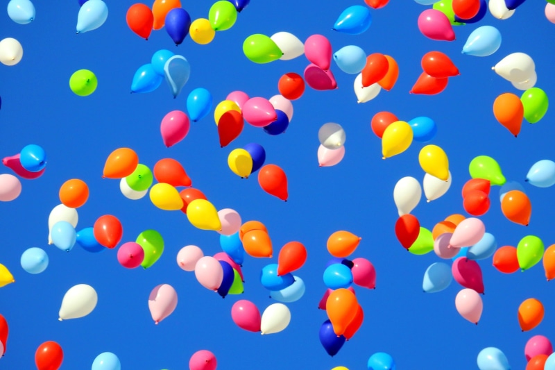 color, low angle view, fun, abstract backgrounds, abundance, party, festival, birthday, balloons, large group of objects, multi colored, colourful, sky