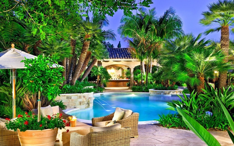 chairs, fountains, nature, natu, furniture, vases, interiors, swimming pool, 1080P, palm trees, summer, resort, flowers, luxury