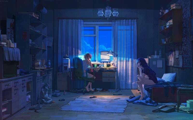 interior, anime, living rooms, Everlasting Summer, anime girls, computer, 720P, ArseniXC, night