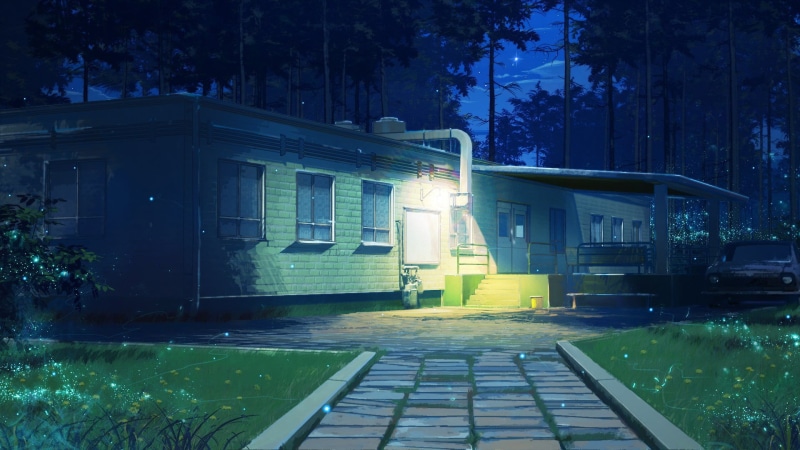 water, anime, no people, night, illuminated, nature, building, 1080P, ArseniXC, outdoors, land vehicle, house, built structure, transportation, tree, plant