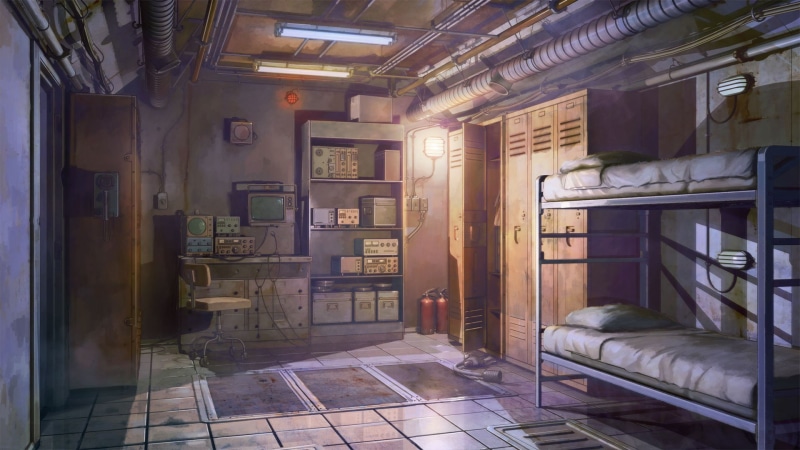 bunker, tiles, empty, messy, abandoned, room, domestic room, building, furniture, old, architecture, factory, lockers, door, absence, digital
