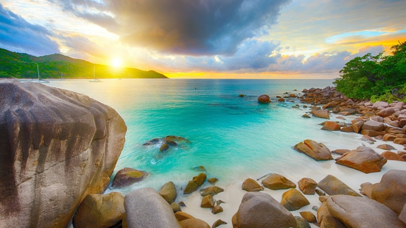 summer, nature, anse lazio, horizon, ocean, horizon over water, sea, praslin island, water, rock, scenics - nature, sky, rock - object, vacation, praslin