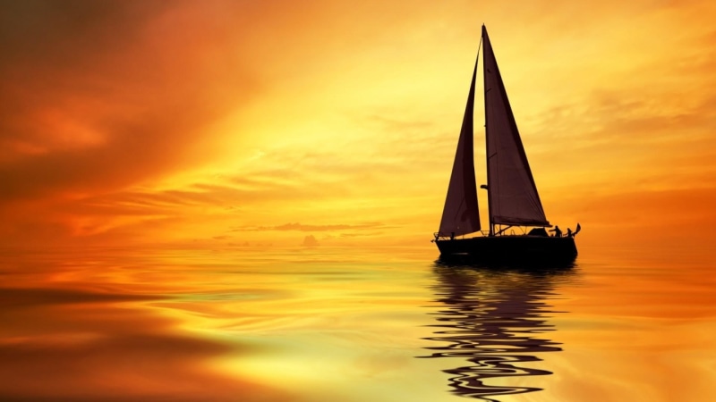 1080P, water, sailing ship, reflection, sea, calm, sunset, sky, ocean, horizon, sail, afterglow, sailboat