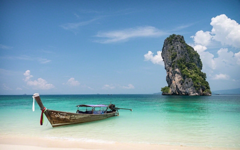 beach, calm, sea, landscape, tropical, nature, boat, 720P, water, rock, island, thailand