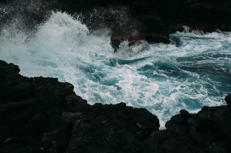 5K, impact, current, waves, coastal, power in nature, breaking, splash, rock, splashing, tide, coastline, solid, motion, black, blue, rock formation, shoreline