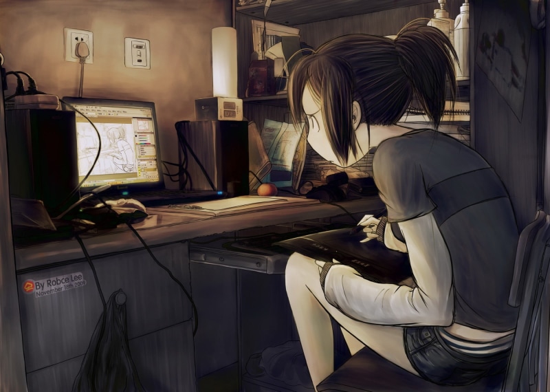 sitting, business, computer programmer, occupation, adult, side view, 1080P, illustratin, indoors, furniture, women, casual clothing, real people, hairstyle