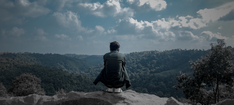 5K, outdoors, panaroma, outdoor, cloudscape, beauty in nature, day, sky, tranquility, lifestyles, tranquil scene, rear view, boy, moody, mountain, nature