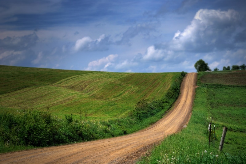sky, farm, green, path, landscaped, hills, brown, rural Scene, dirt, non-Urban Scene, land, cloudy, summer, green  blue, Road, fields, meadow, hill, tree