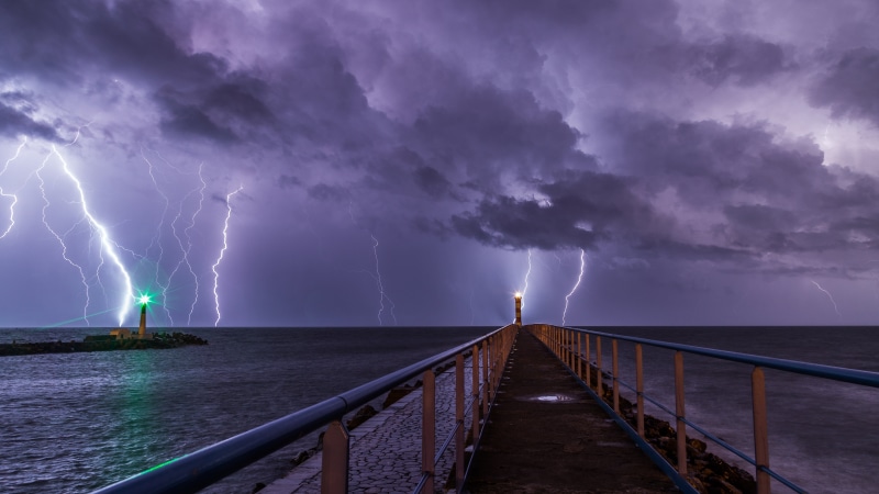 thunder, thunder  lightning, 5K, photography, sky, nature, bridge, cloud - Sky, metal bridge, weather, water, storm, Orage, PLN, sea, metal