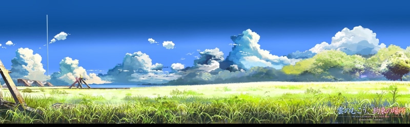 scenics - nature, land, landscape, clouds, no people, anime, 5 Centimeters Per Second, outdoors, tranquility, green color, 2K, sunlight, plain, cloud - sky