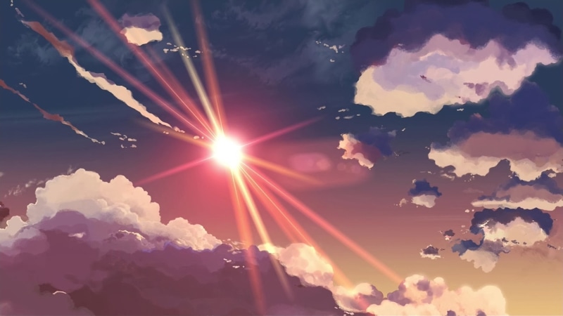 lens flare, orange color, tranquil scene, illustration, 5 Centimeters Per Second, anime, nature, cloud - sky, sunset, sky, no people, environment, artwork