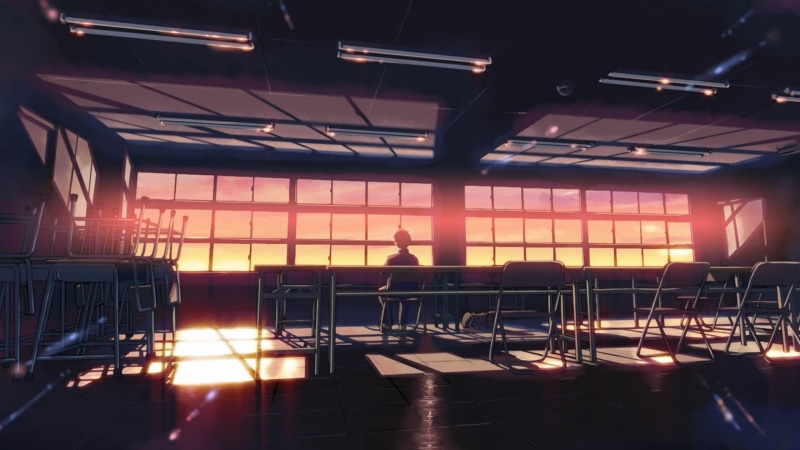 sitting, anime, lifestyles, Makoto Shinkai, built structure, indoors, business, sunset, sunlight, table, real people, school, 1080P, ceiling, 5 Centimeters Per Second