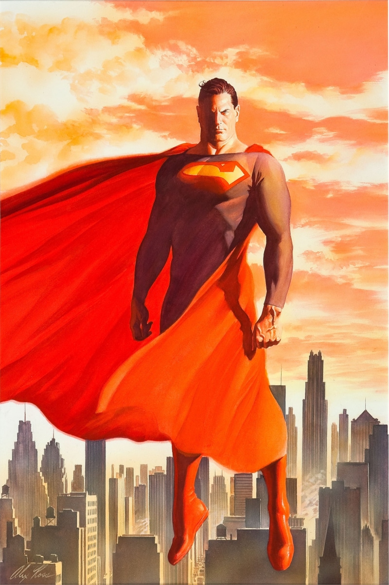 city, sky, building exterior, nature, 2K, DC Comics, mid adult, Alex Ross, built structure, clothing, cityscape, architecture, outdoors, adult, cloud - sky