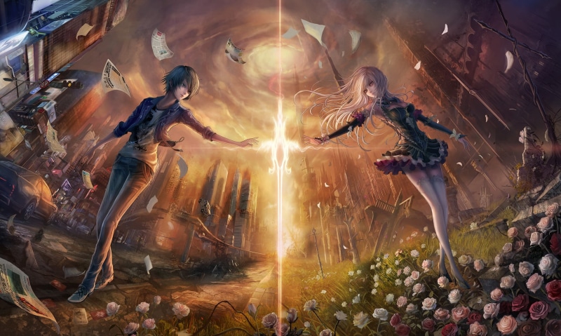 boy, night, anime, jumping, mid-air, dancing, sword, event, women, character, nightlife, dress, arts culture and entertainment, full length, group of people