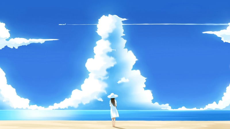 sky, clouds, outdoor, environment, sunny, sea, water, clear, light, scenic, wind, cloudy, cloud, weather, anime, travel, air, season, scenery, grass, high