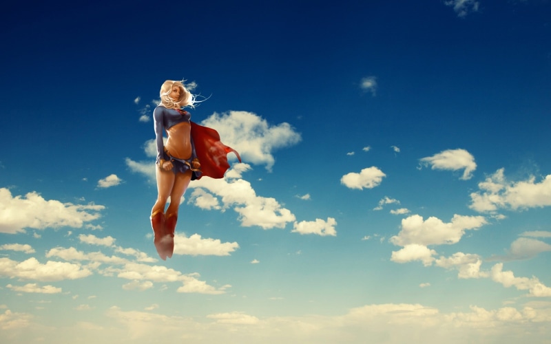 blonde, one person, outdoors, digital art, 2K, full length, marvel, lifestyles, nature, representation, flying, ms, low angle view, anime, blue, leisure activity