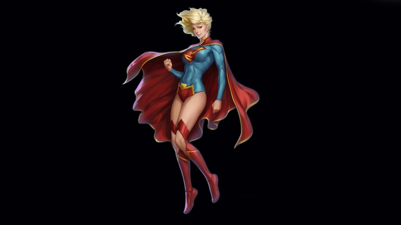 black background, blond hair, full length, backgrounds, beautiful, hair, DC Comics, isolated, dancing, fashion, Supergirl, artwork, women, copy space, mid-air