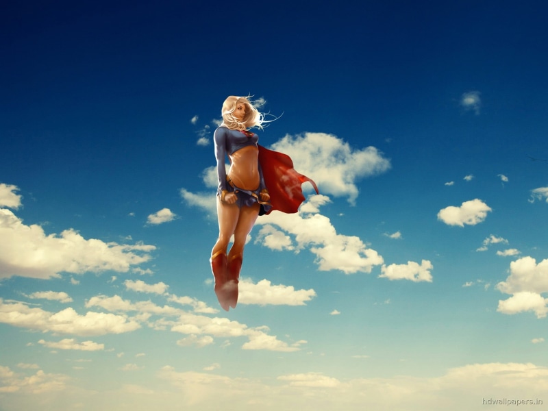 lifestyles, blue, sky, DC Comics, flying, one person, cape, blonde, digital art, low angle view, child, full length, young adult, women, Supergirl