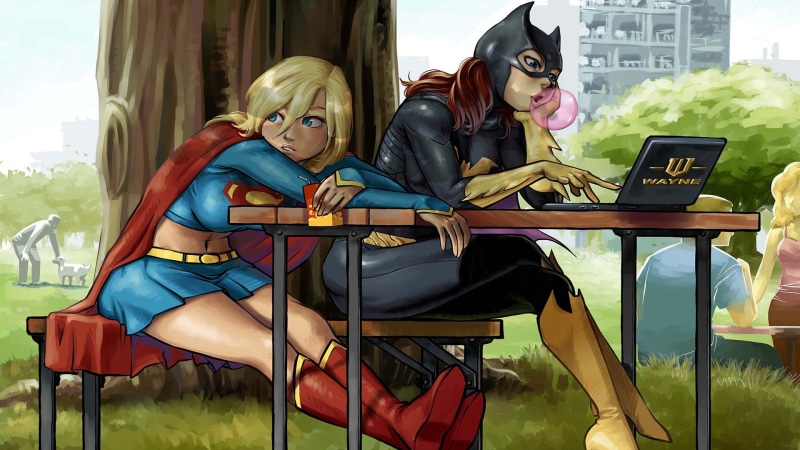 day, boots, communication, male likeness, representation, bubble gum, focus on foreground, laptop, Supergirl, women, cartoon, Batgirl, cape, human representation
