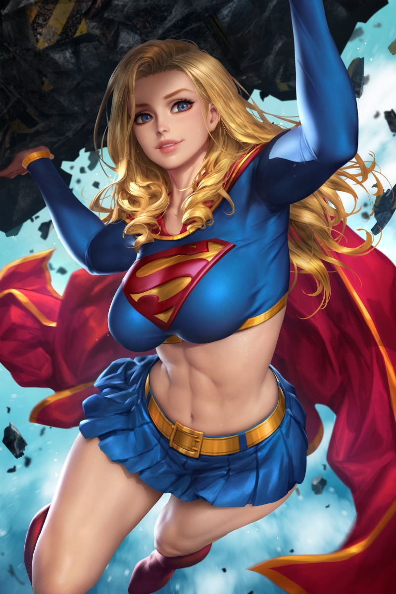 fantasy girl, blonde, digital art, DC Comics, long hair, smiling, fan art, illustration, superheroines, 2K, artwork, thick thigh, cape, belly, costumes