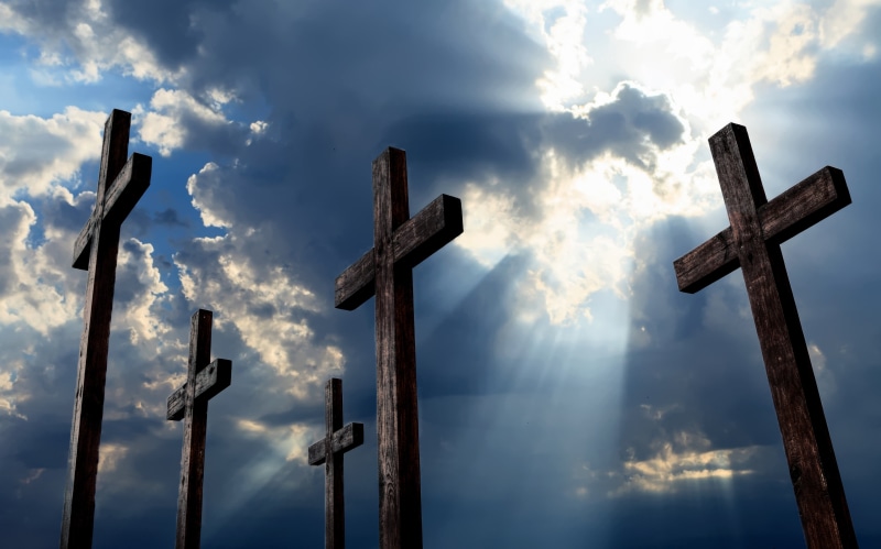 sky, low angle view, cross, blue, daytime, worship, cloudscape, holiday, nature, god, belief, cloud - sky, brown, christianity, faith, outdoors, photo