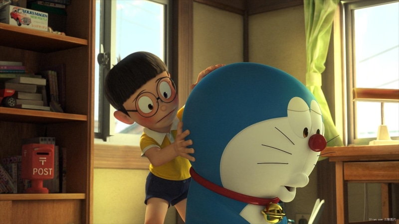 standing, child, childhood, holding, males, boys, widescreen, home interior, casual clothing, day, lifestyles, front view, one person, doraemon, offspring