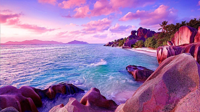 ocean, rock ormation, coast, sky, 1080P, tourism, water, seychelles, beach, nature, purple, la digue, sea, shore, rock