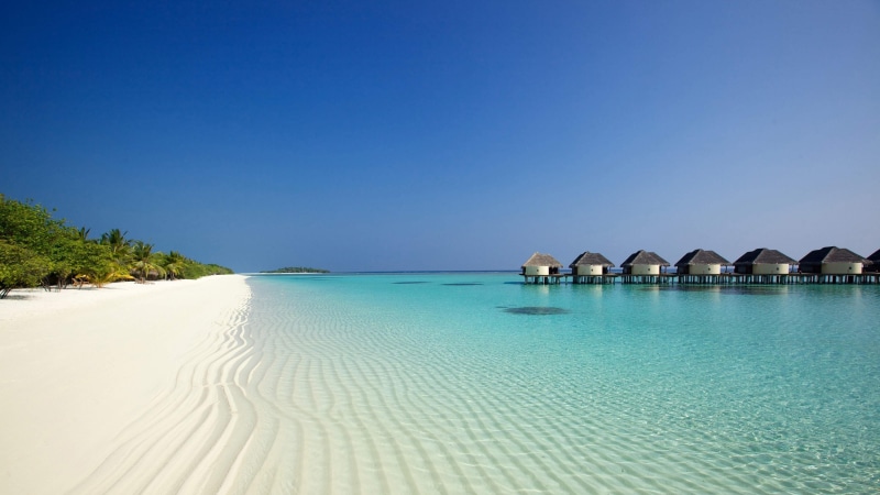 summer, blue sky, holiday, beach, bungalows, 4K, exotic, white sand, ocean, sandy beach, shore