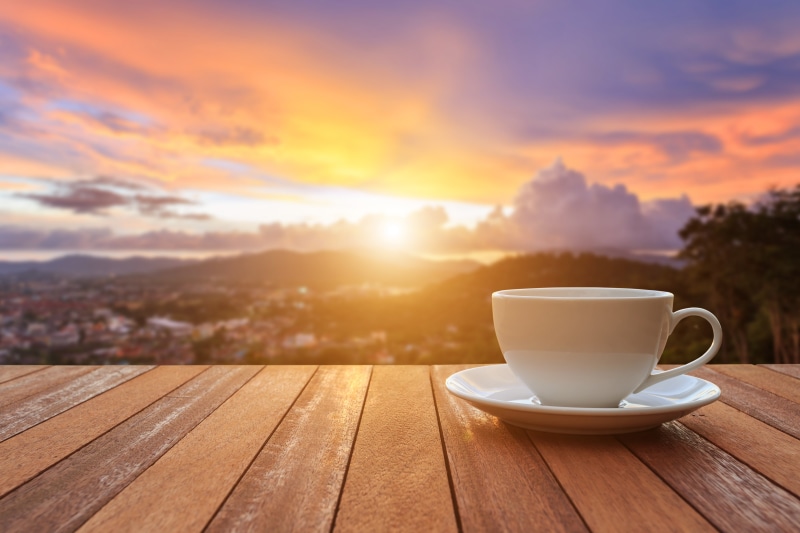 coffee, sunrise, saucer, veranda, morning, 5K, white, Cup, good morning