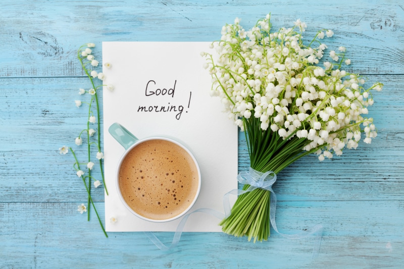 Good Morning, wood, bouquet, 5K, flowers, coffee, morning, Cup, lilies of the valley, lily