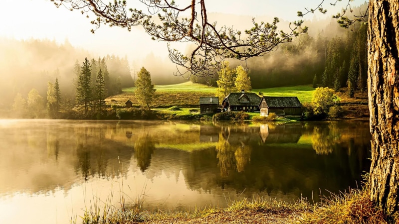 mood, house, lake, country house, beautiful scenery mood, beautiful, 1080P, quiet, scenery, morning, country
