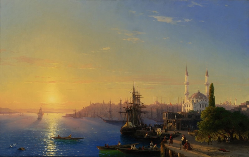 built Structure, dusk, reflection, turkey - Middle East, Aivazovsky, trees, ottoman Empire, nautical Vessel, sunset, water, travel, minaret, mosque, history