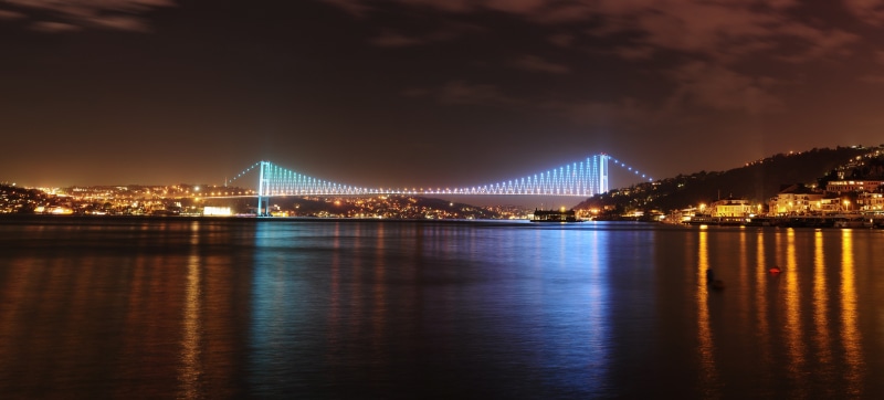 built Structure, bay, no People, lighted, traffic, outdoors, urban Skyline, night, ships, suspension Bridge, bridge - Man Made Structure, Istanbul Turkey