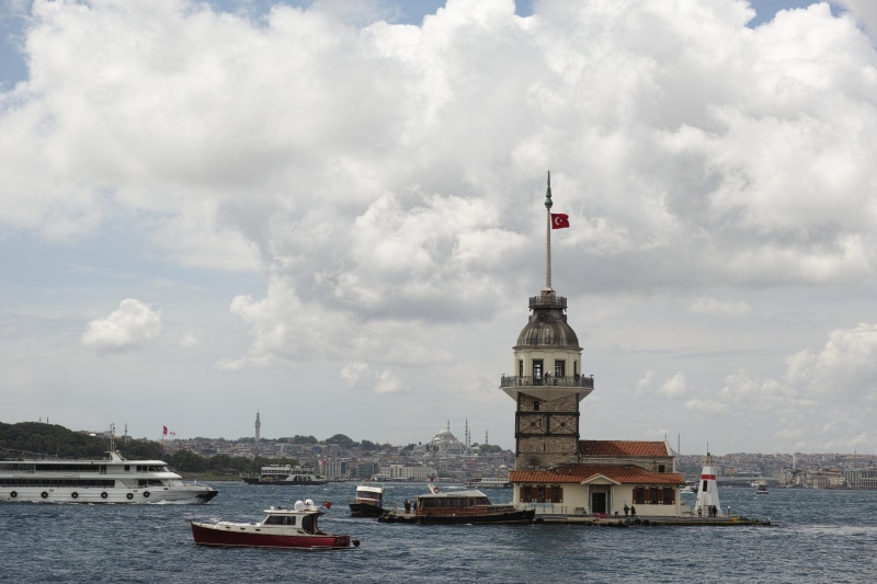 maidens tower kiz kulesi, environmental, tea garden, beach, beautiful, in the water, river, s, clouds, great, bosphorus, old, nature, tower, city, sky
