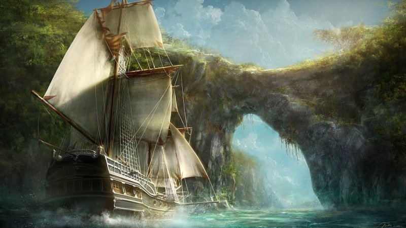 tranquility, mode of transportation, 2K, environment, plant, nautical vessel, beauty in nature, outdoors, galleon, architecture, tree, ship, sailing, transportation