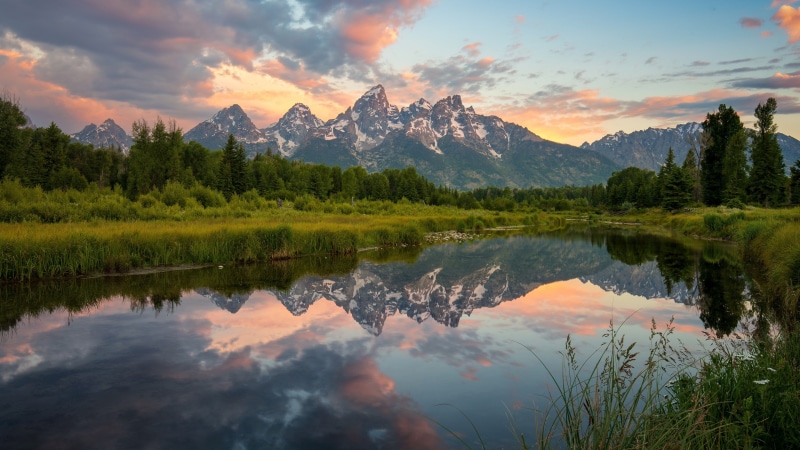 lake, grand teton national park, 4K, sunrise, reflection, wyoming, mountain lake, united states, morning, national park, mountain