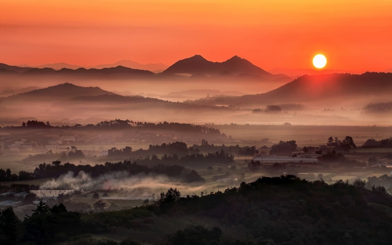 environment, South Korea, landscape, dawn, valley, green, tranquility, cloud - sky, plant, mist, outdoors, mountains, sky, no people, sun, town, pink, 720P
