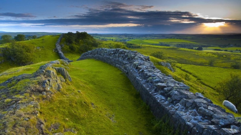 landscape, stones, sheep, England, hills, scenics - nature, plant, non-urban scene, Roman, clouds, green color, environment, Hadrians Wall, no people, land