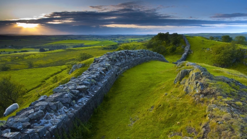 Hadrians Wall, Hill, history, sky, scenics - nature, high angle view, grass, Roman, green color, cloud - sky, sun, sunlight, the past, land, landscape