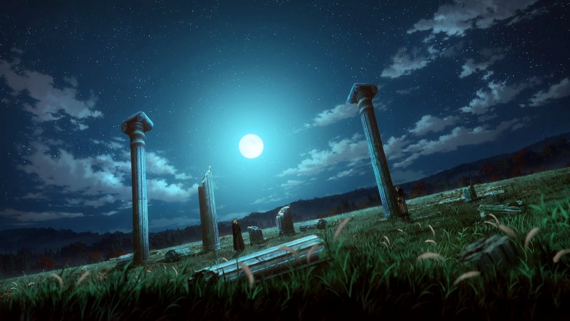 grass, Vinland Saga, landscape, night, trees, clouds, 1080P, Thorfinn, Vikings, stars, anime, Makoto Yukimura, yellow hair, England, roman empire, ruins