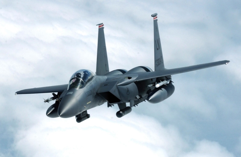 F-15 Eagle, plane, air force, no people, air vehicle, mode of transportation, fighter, aerospace industry, nature, jet, transportation, army, motion, above